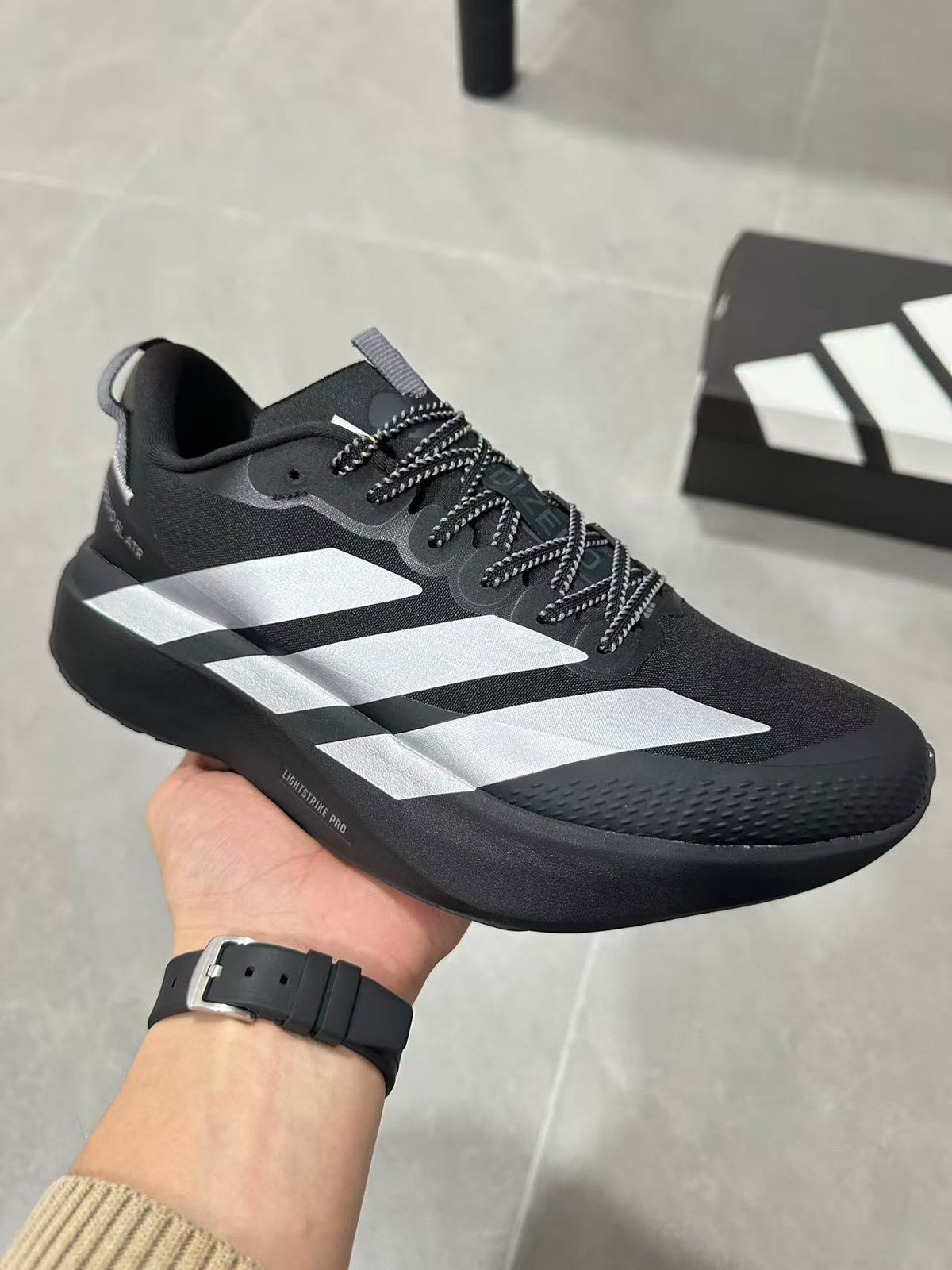 Adidas Lightstrike Pro Black Running Shoes with White Stripes
