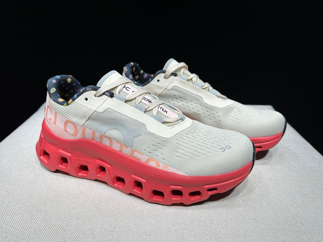On Cloudmonster Sneakers in Light Gray and Coral
