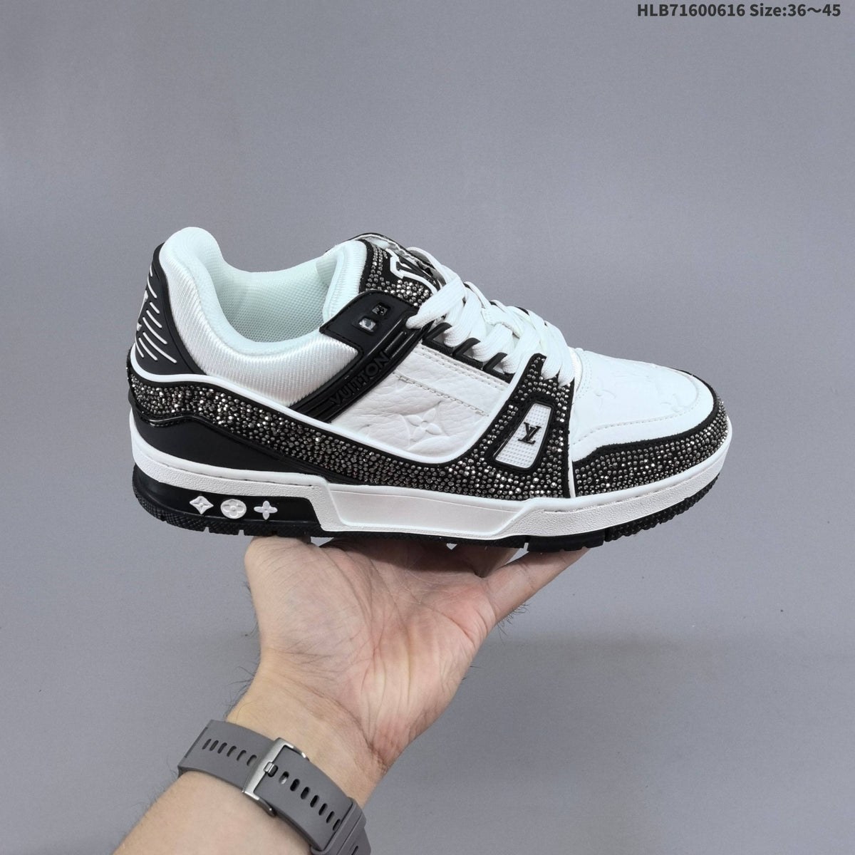 Louis Vuitton Trainer Sneakers in White and Black with Embellished Trim