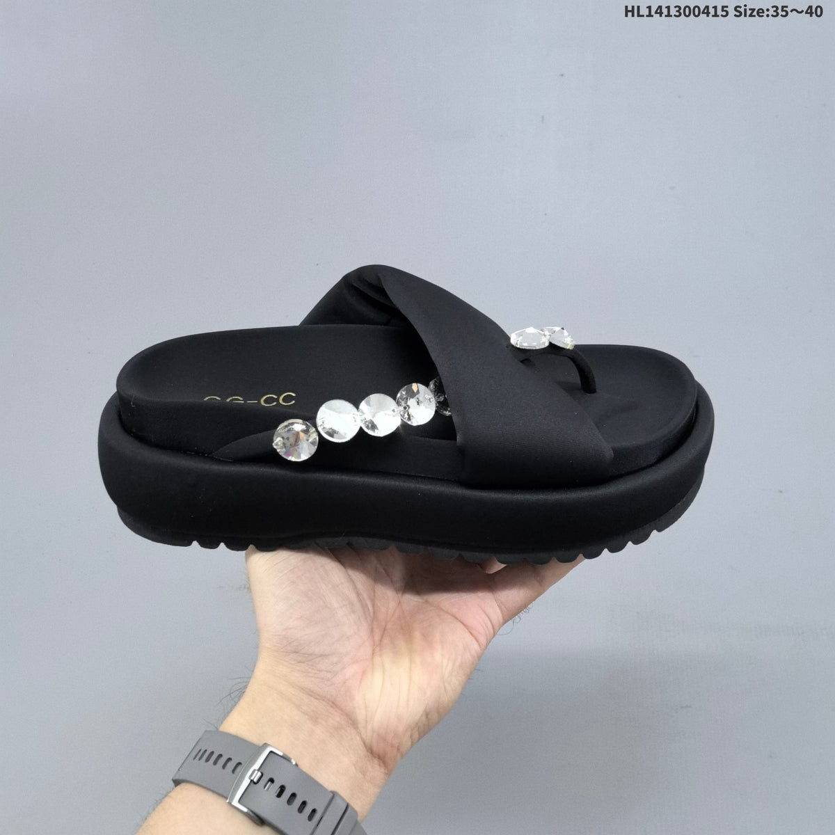 GG-CC Black Embellished Platform Thong Sandals