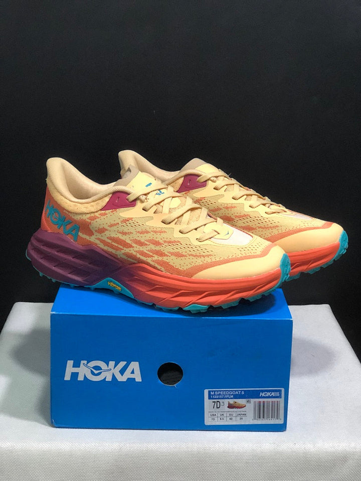 HOKA Speedgoat 5 Trail Running Shoes in Yellow and Coral