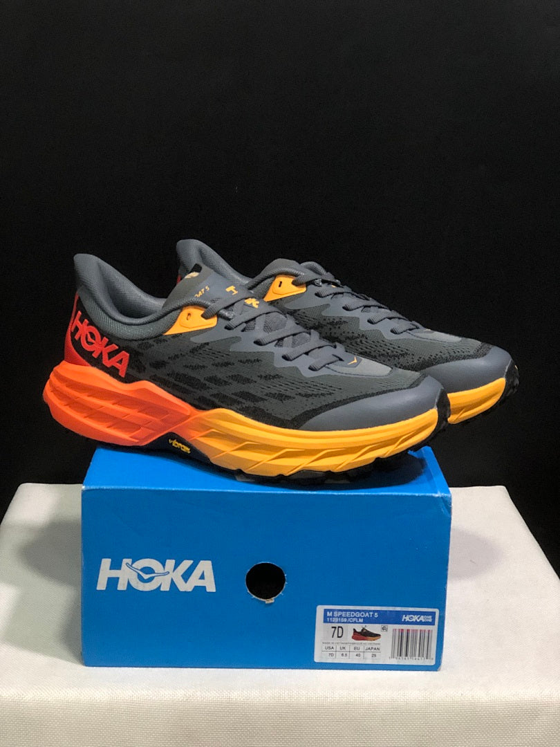 HOKA Speedgoat 5 Trail Running Shoes, Gray and Orange