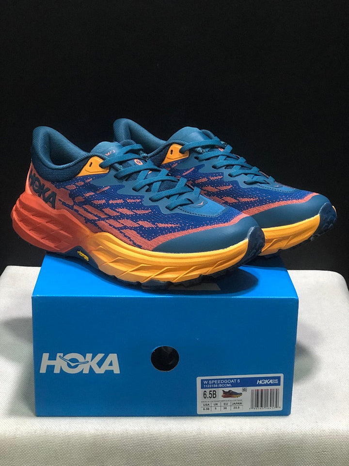 HOKA Speedgoat 5 Trail Running Shoes, Blue and Orange