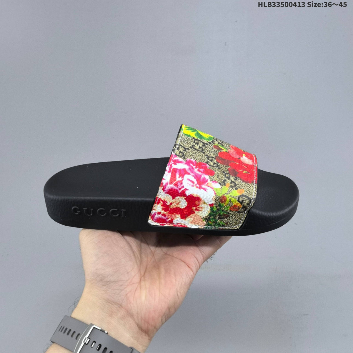 Gucci Floral Print Slide Sandals with Black Footbed
