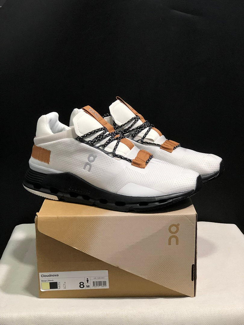 On Cloudnova Sneakers in White, Black and Tan